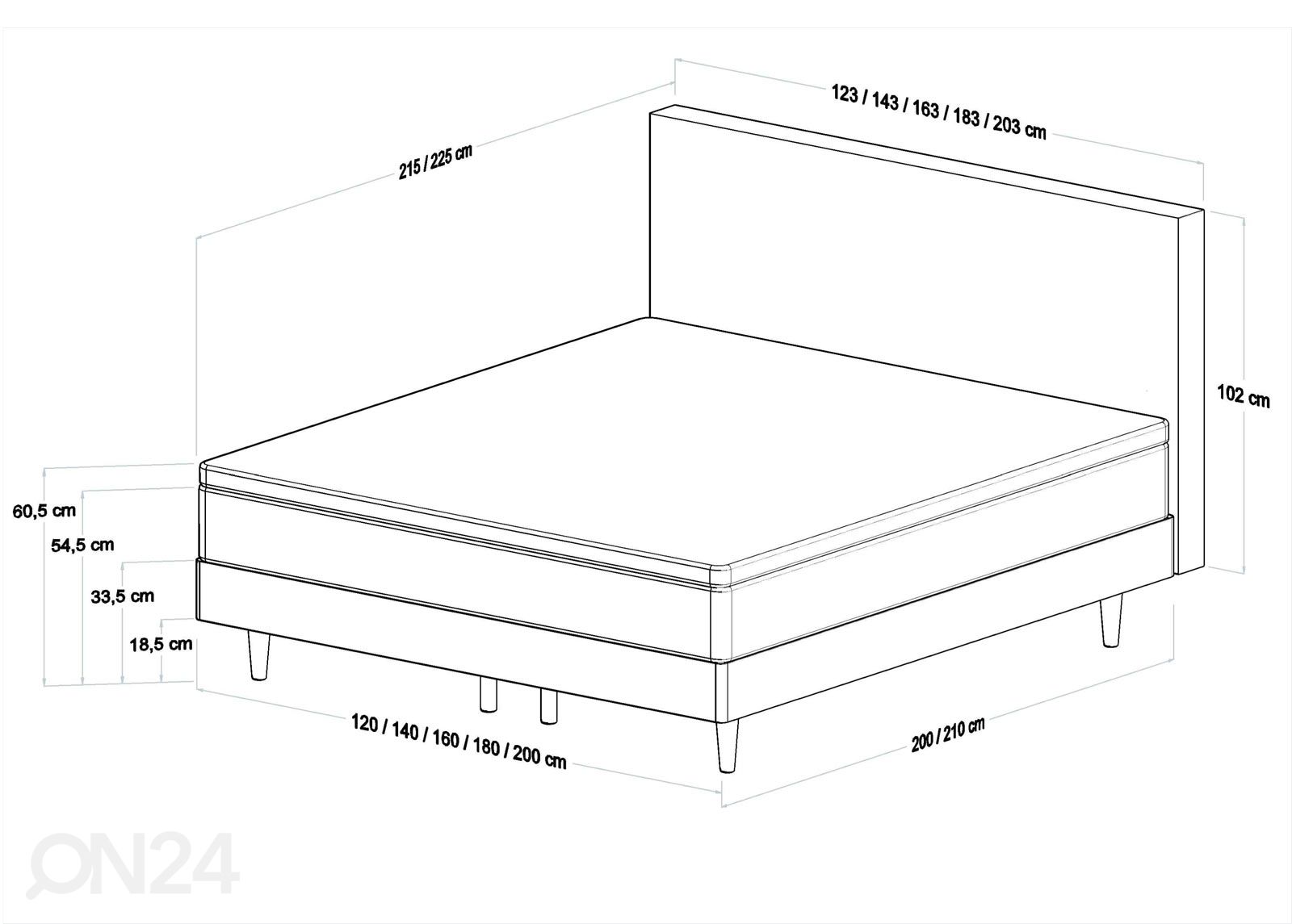Kontinentaalvoodi Fellin 120x200 cm suurendatud mõõdud