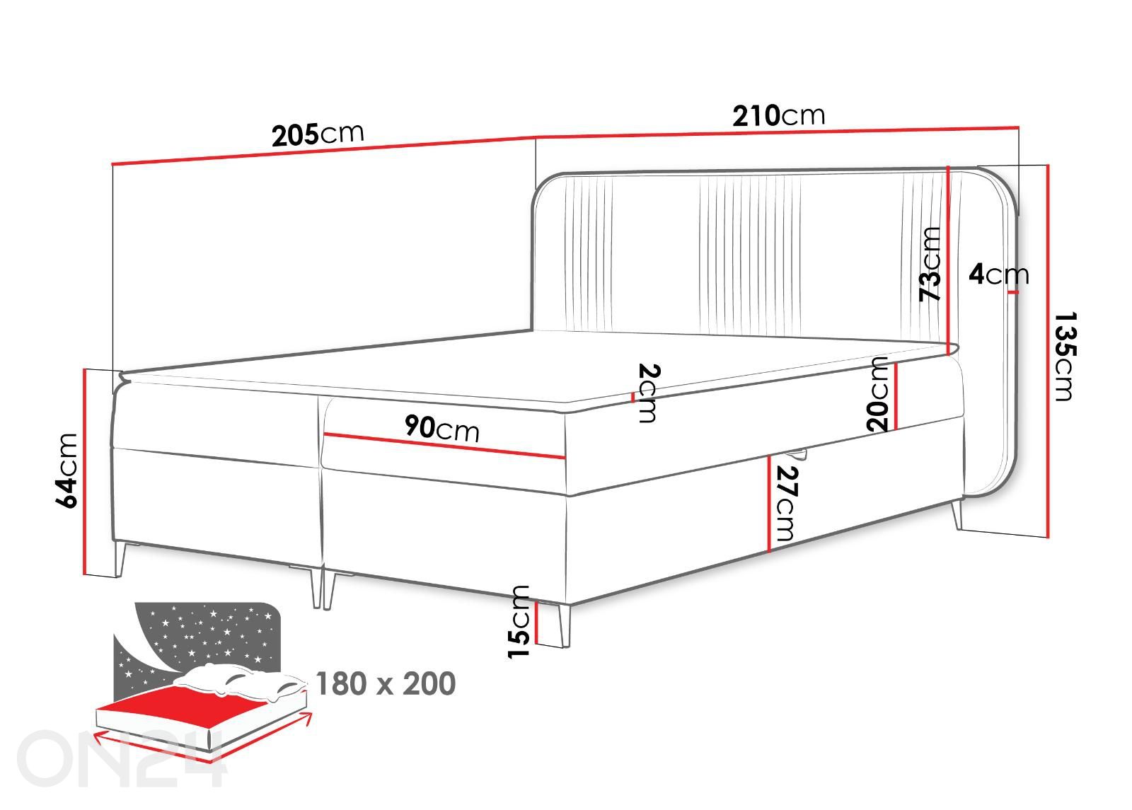 Kontinentaalvoodi Fly 180x200 cm suurendatud mõõdud