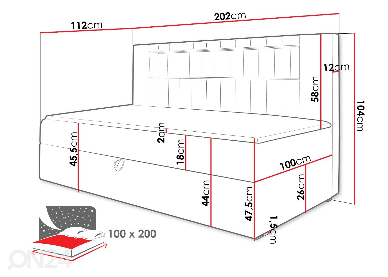 Kontinentaalvoodi Gold II 100x200 cm suurendatud mõõdud