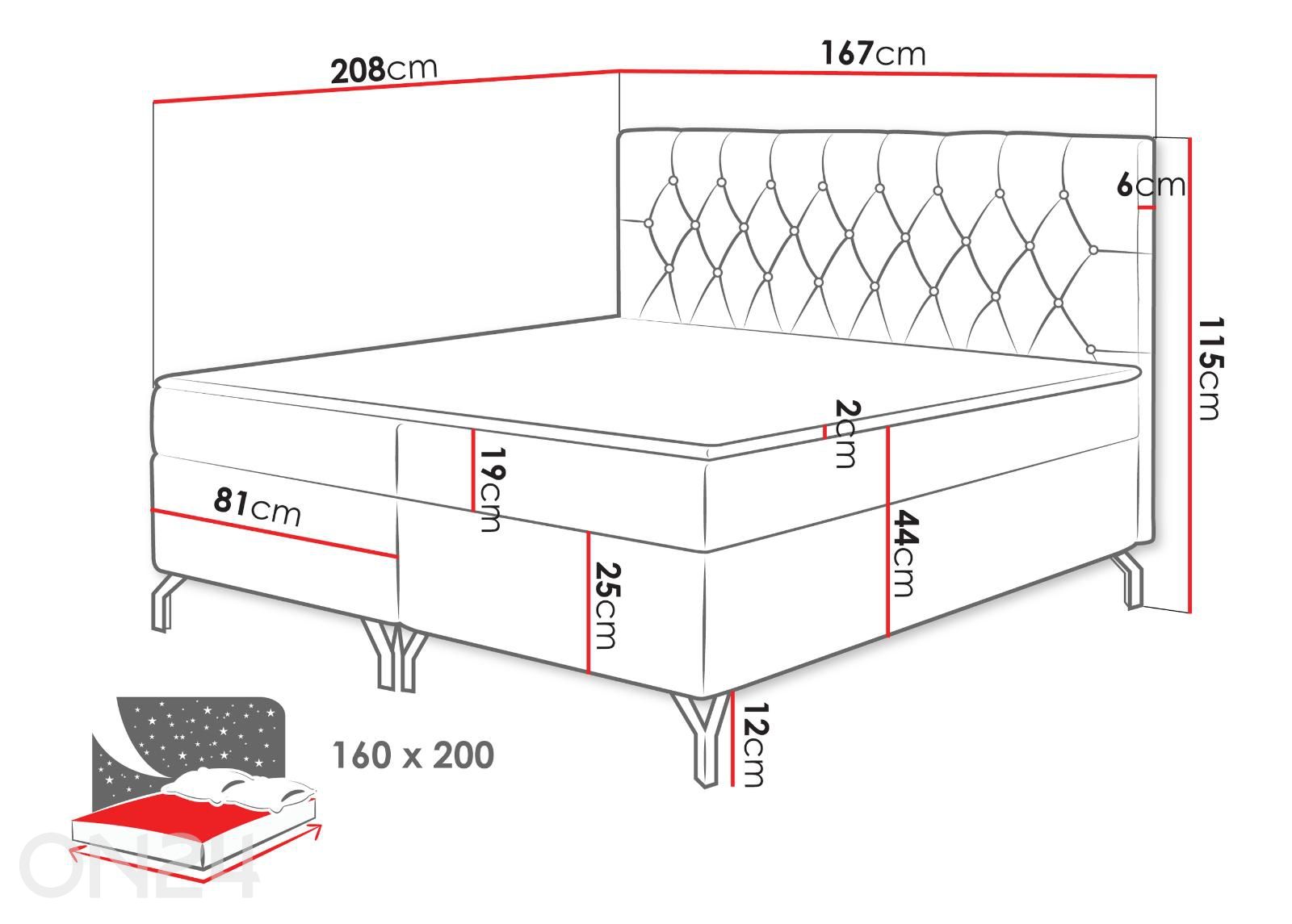 Kontinentaalvoodi Guliette 160×200 cm suurendatud mõõdud