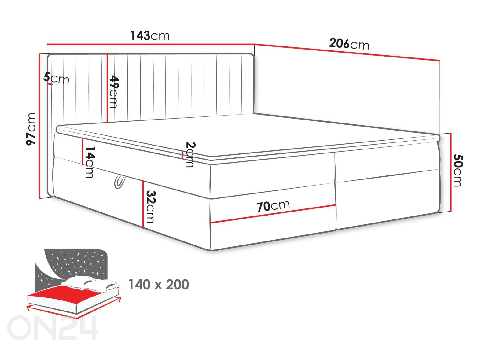 Kontinentaalvoodi Tirulo 140x200 cm suurendatud mõõdud