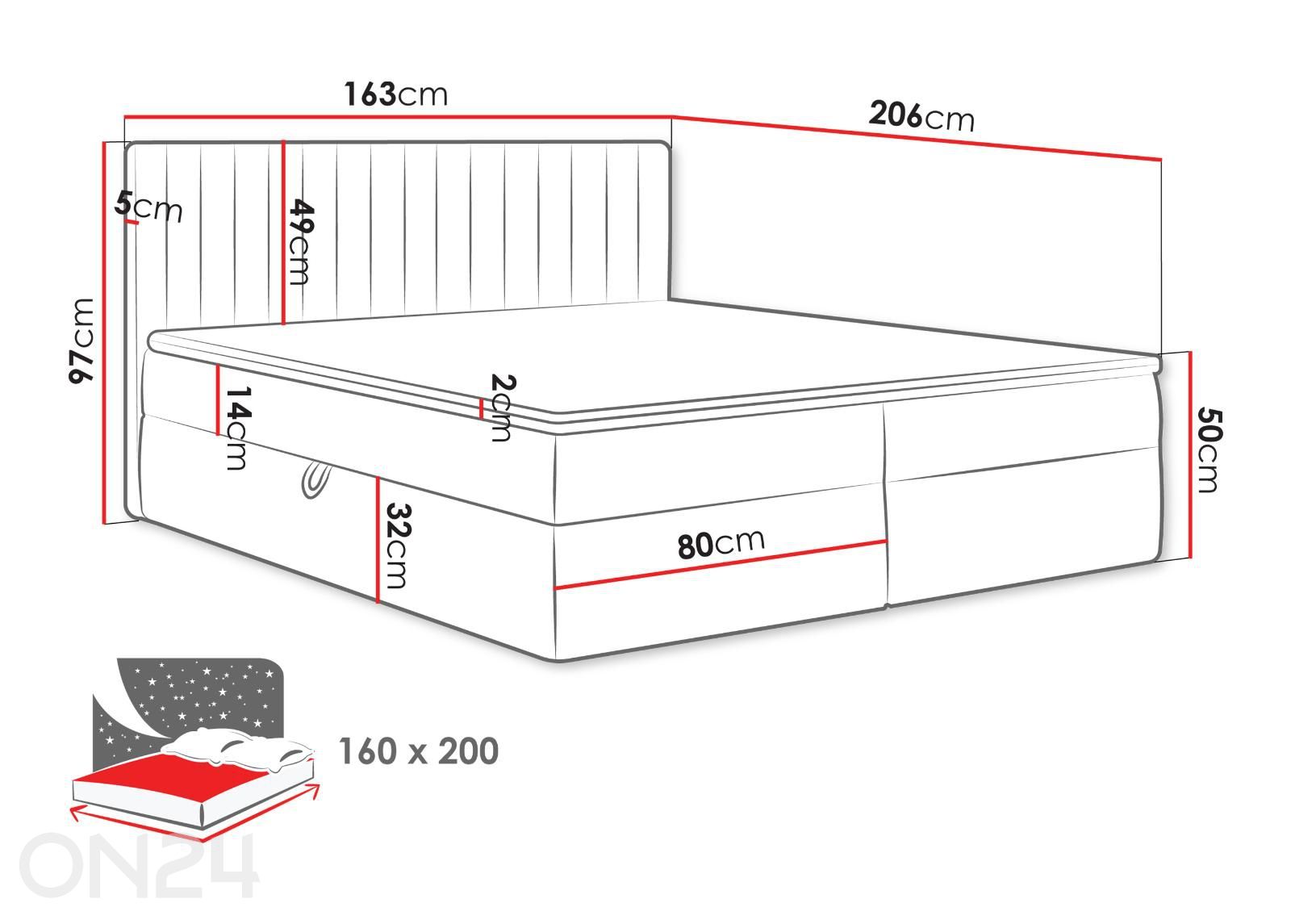 Kontinentaalvoodi Tirulo 160x200 cm suurendatud mõõdud