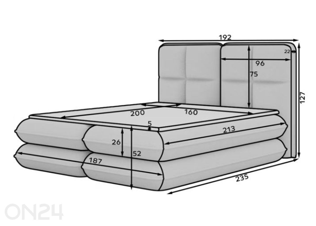 Kontinentaalvoodi Tonila 160x200 cm suurendatud mõõdud