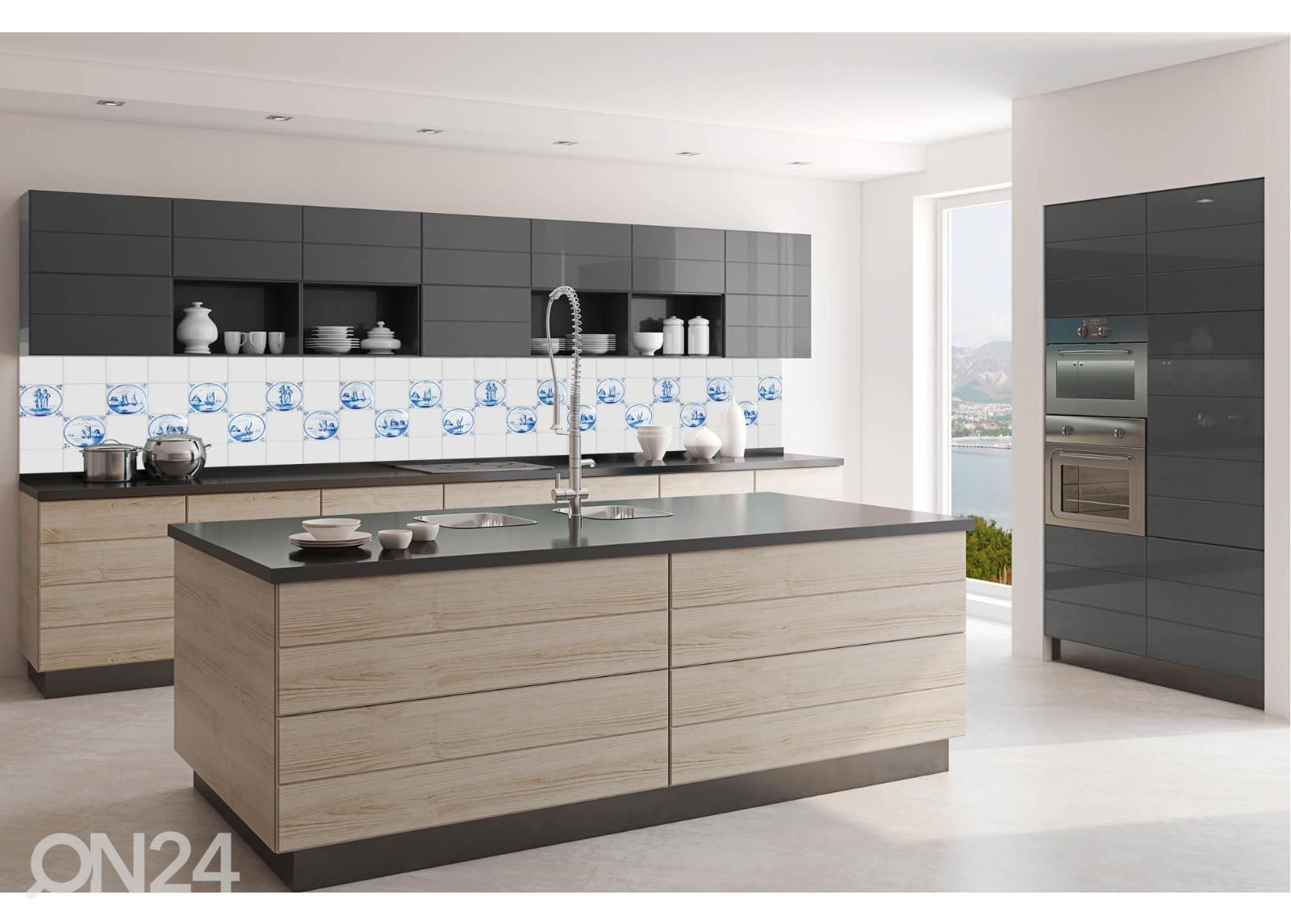 Köögi tagasein Blue Delft Tiles 180x60 cm suurendatud