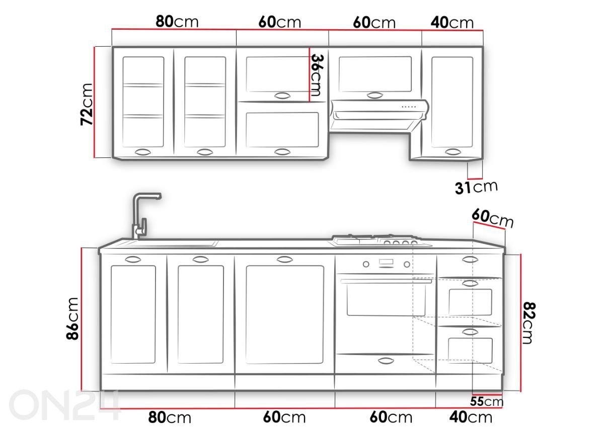 Köögimööbel Adeele 240 cm + LED suurendatud mõõdud