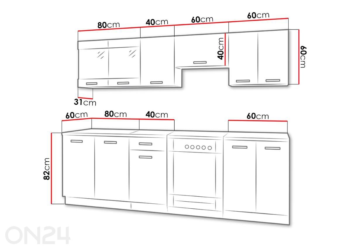 Köögimööbel Omega II 240 cm + LED suurendatud mõõdud