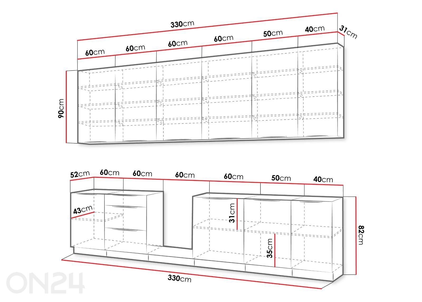 Köögimööbel Solea II 330 cm + LED suurendatud mõõdud