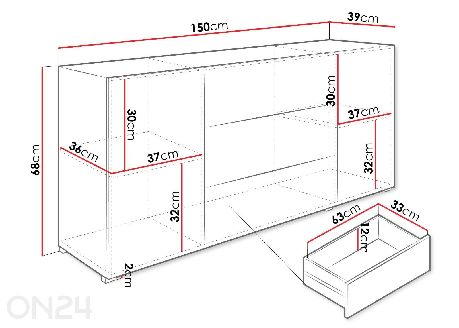 Kummut Berlin 150 cm suurendatud mõõdud