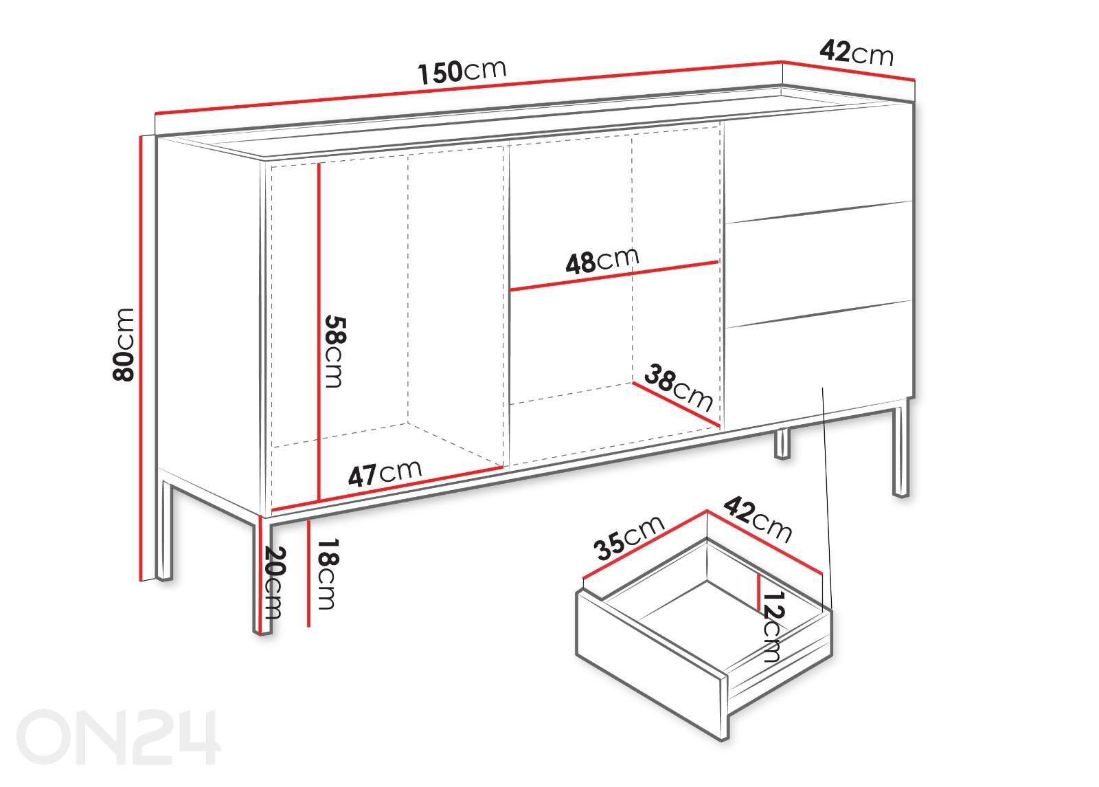 Kummut Como 150 cm suurendatud mõõdud