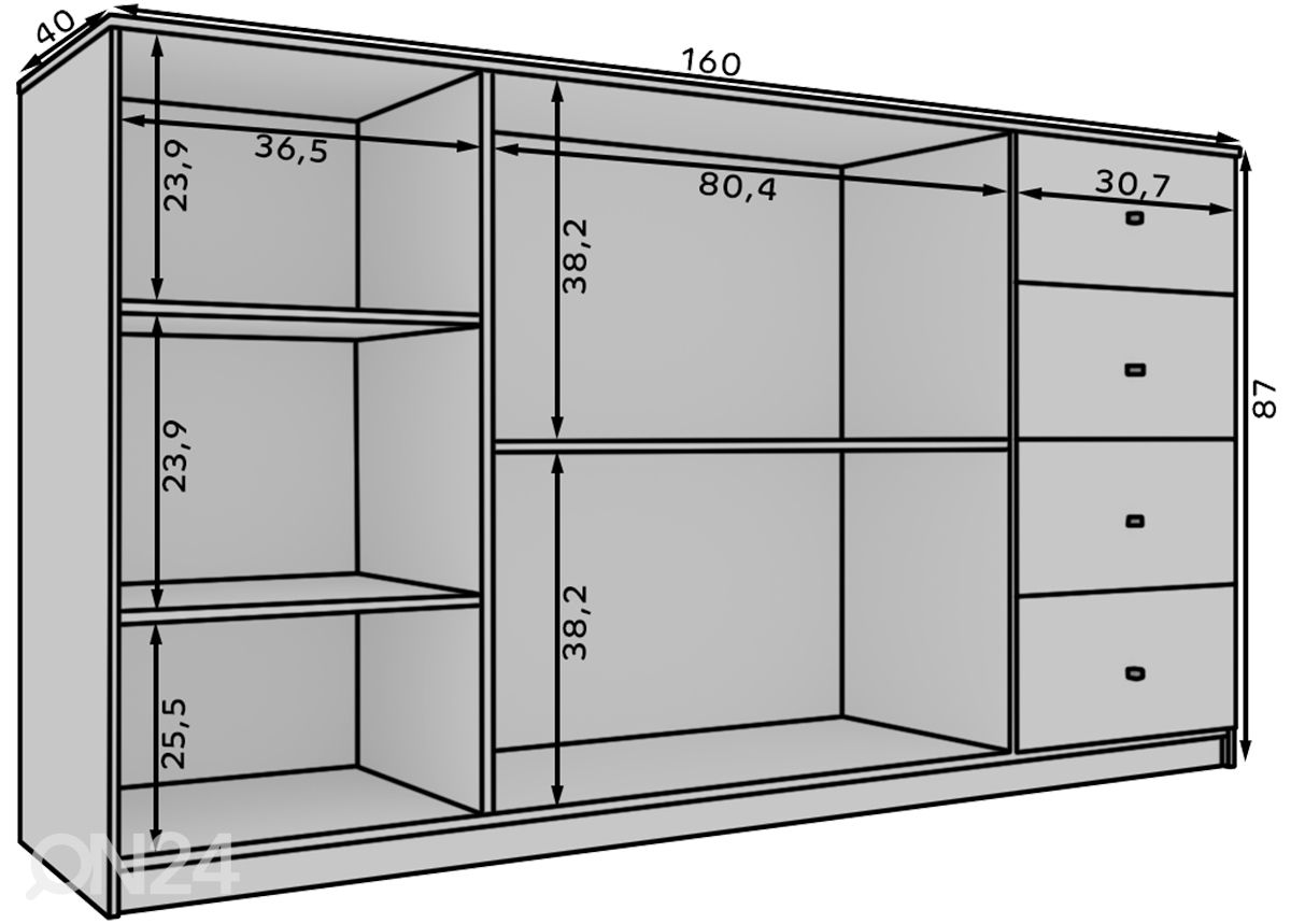 Kummut Evi II 160 cm suurendatud mõõdud