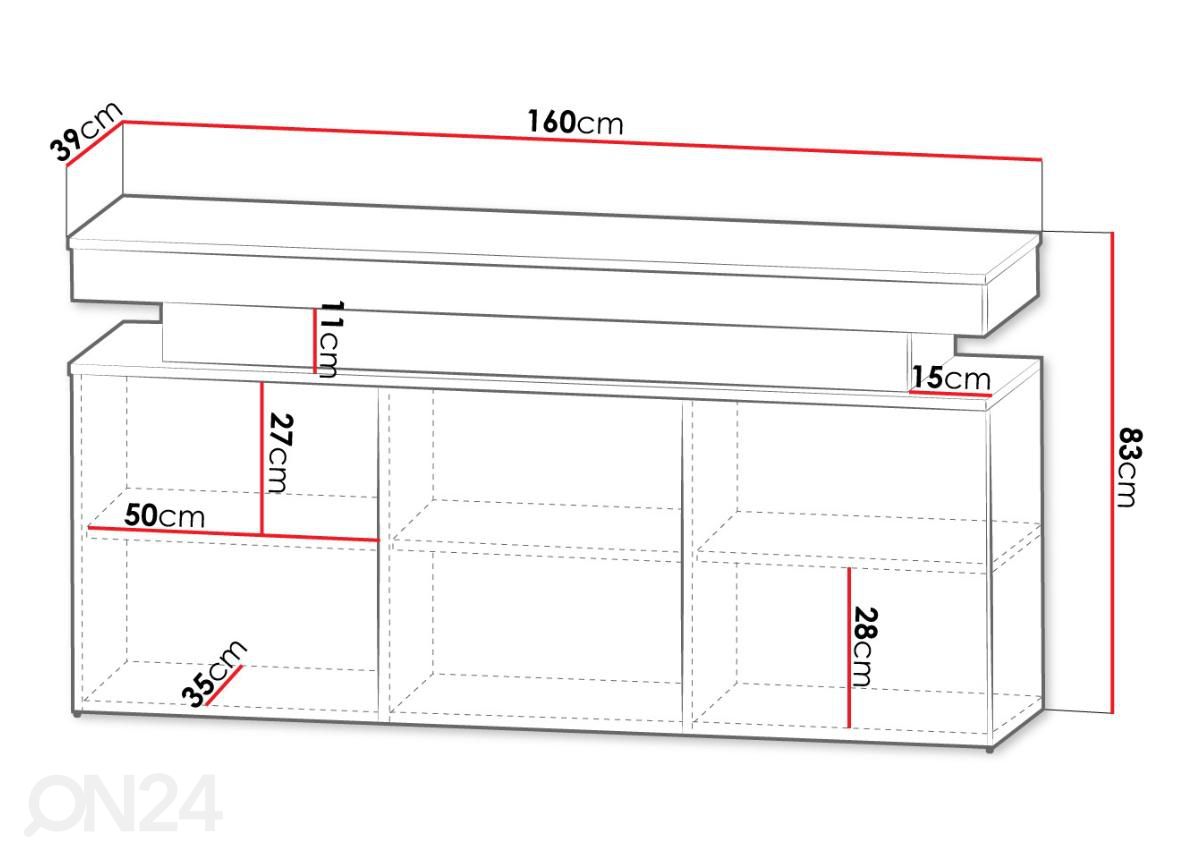 Kummut Glossa 160 cm + LED suurendatud mõõdud