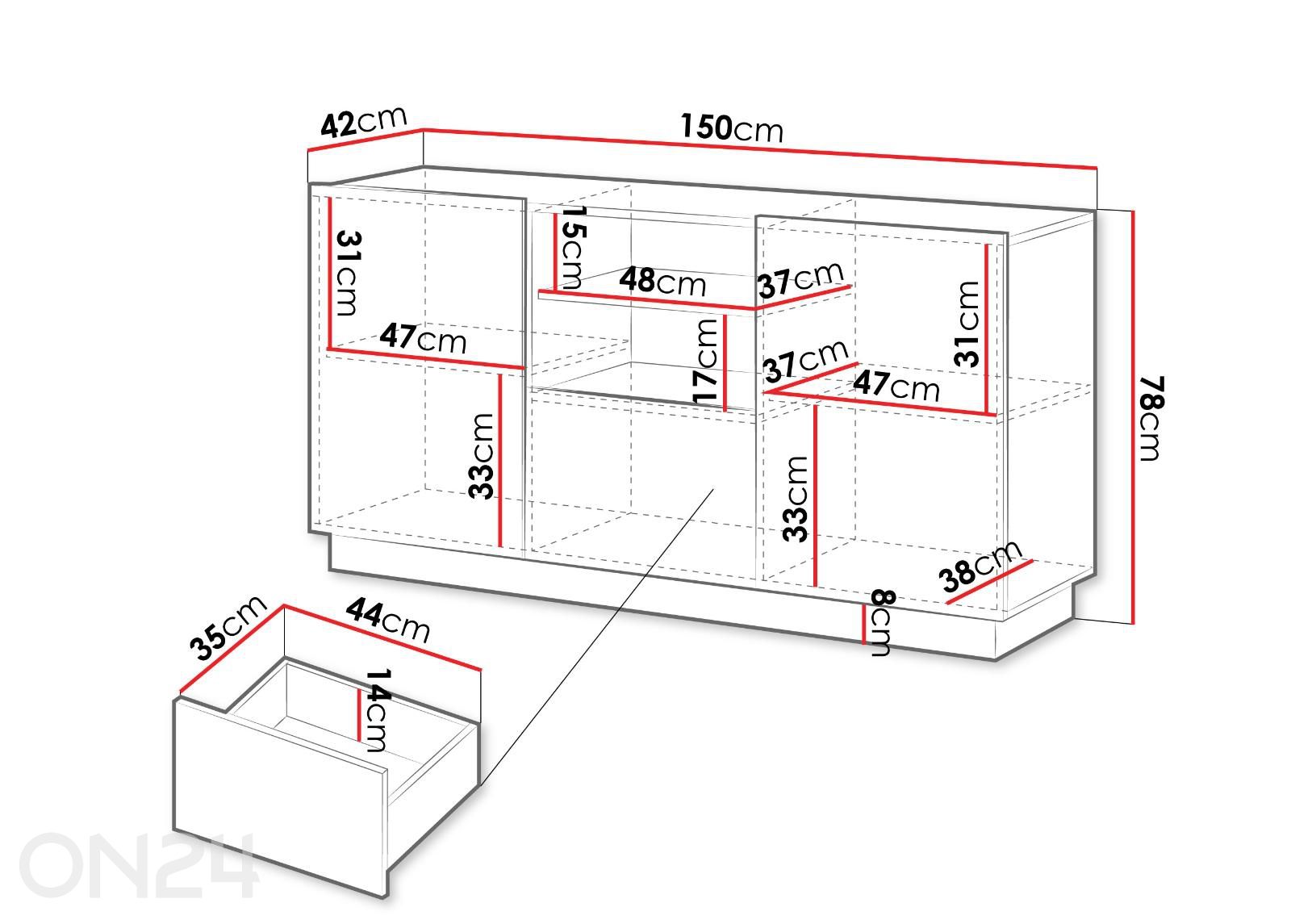 Kummut Liverti 150 cm suurendatud mõõdud