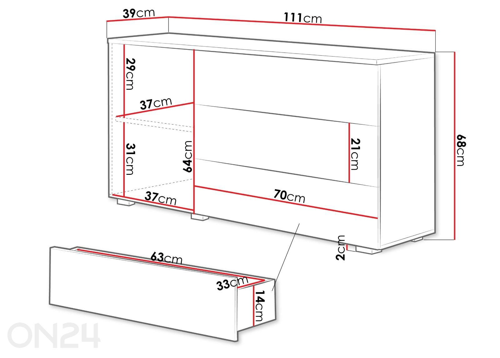 Kummut Paris 111 cm suurendatud mõõdud