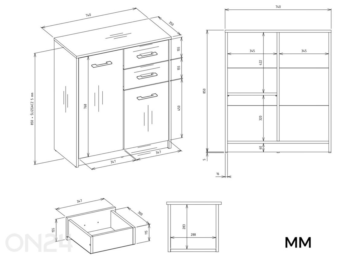 Kummut Simpel 74 cm suurendatud mõõdud