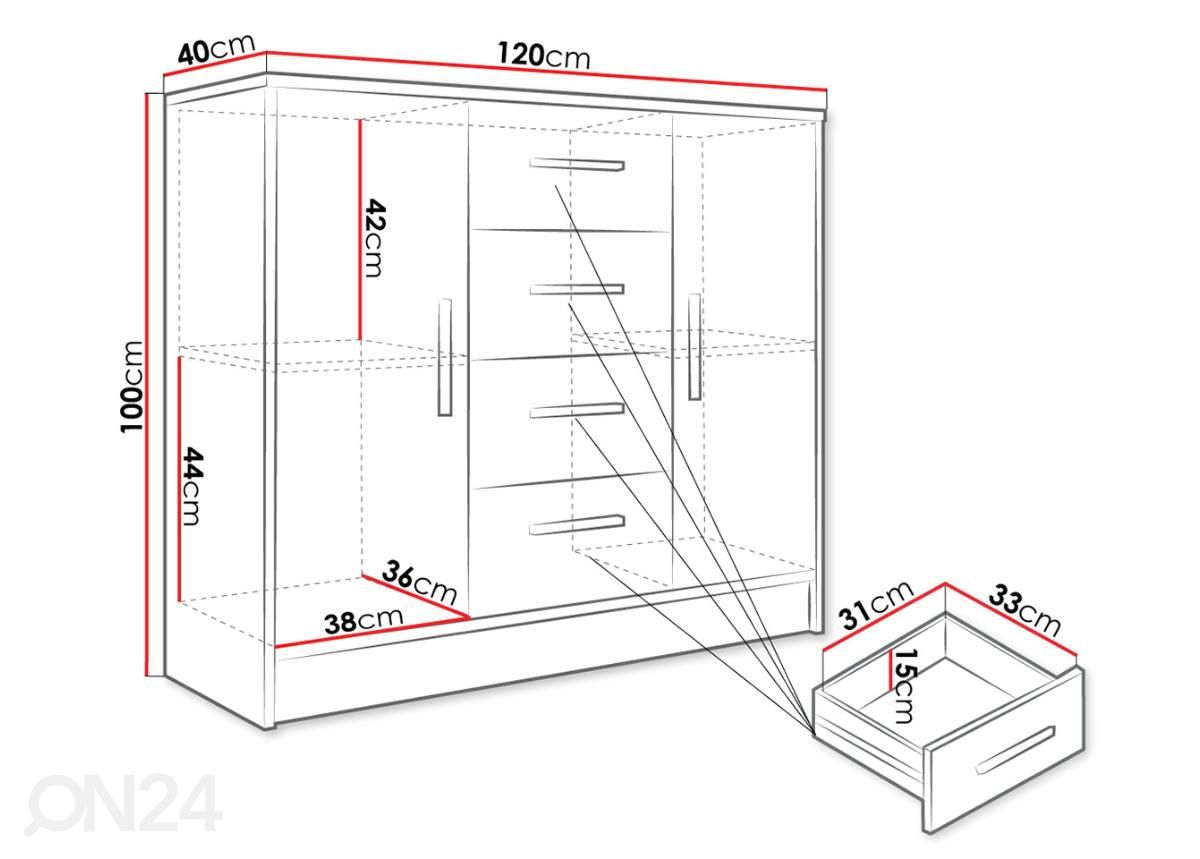 Kummut Tokyo 120 cm suurendatud mõõdud