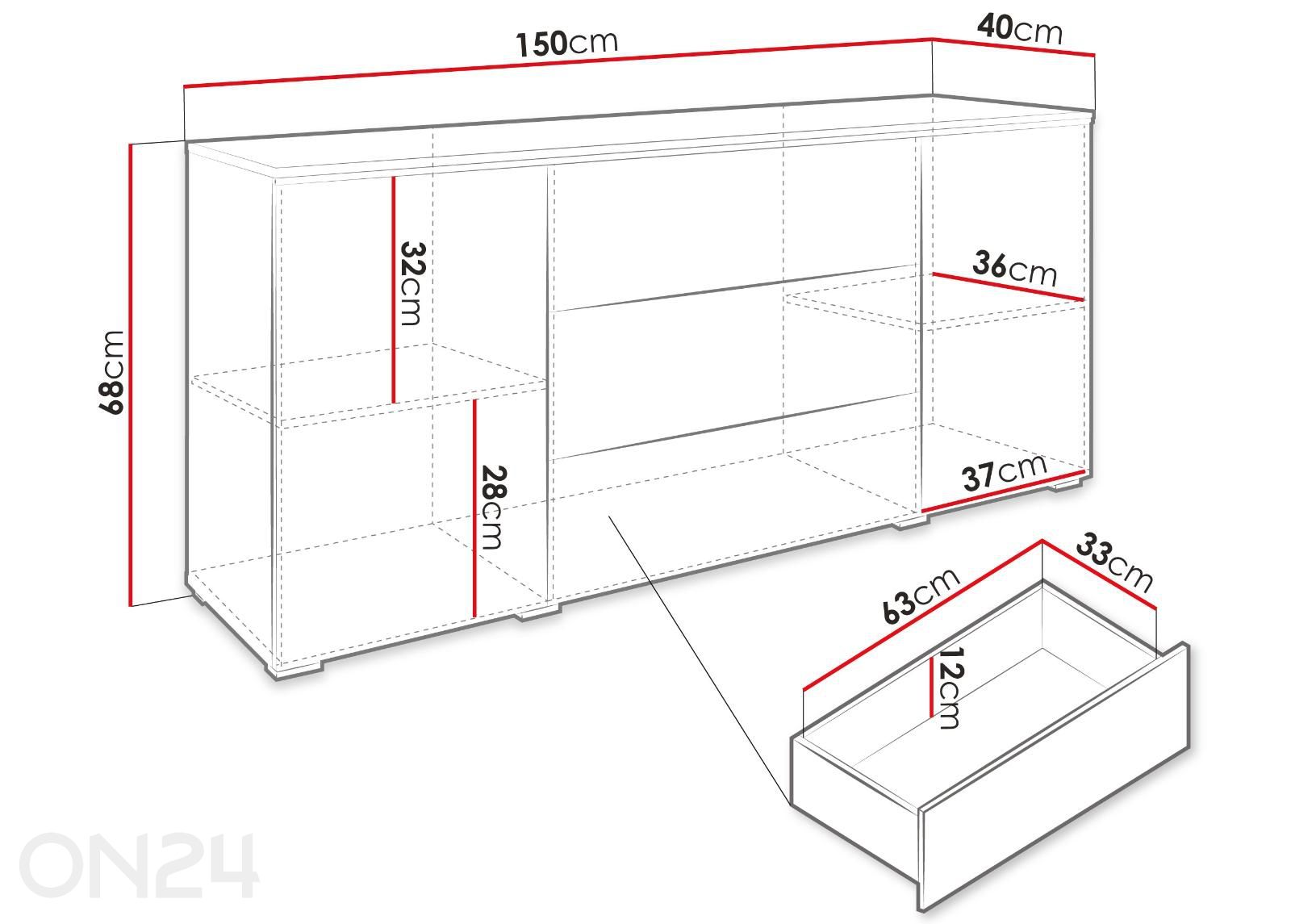 Kummut Vera 150 cm + LED suurendatud mõõdud