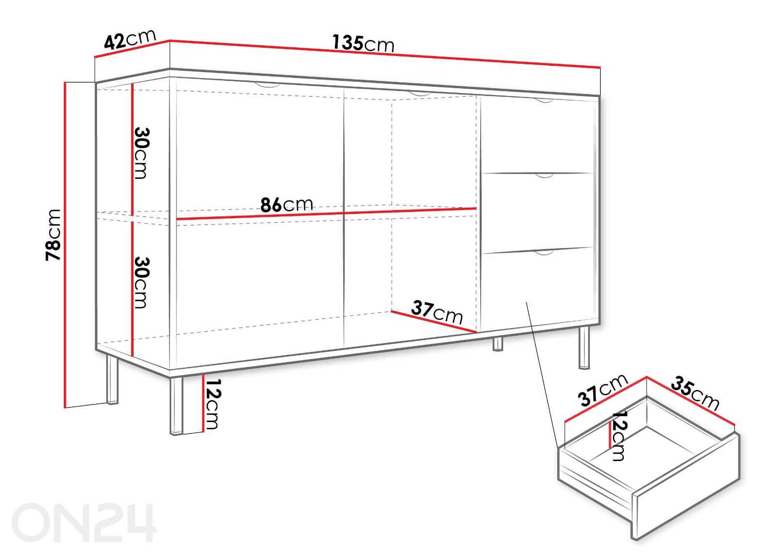 Kummut Wera 135 cm suurendatud mõõdud