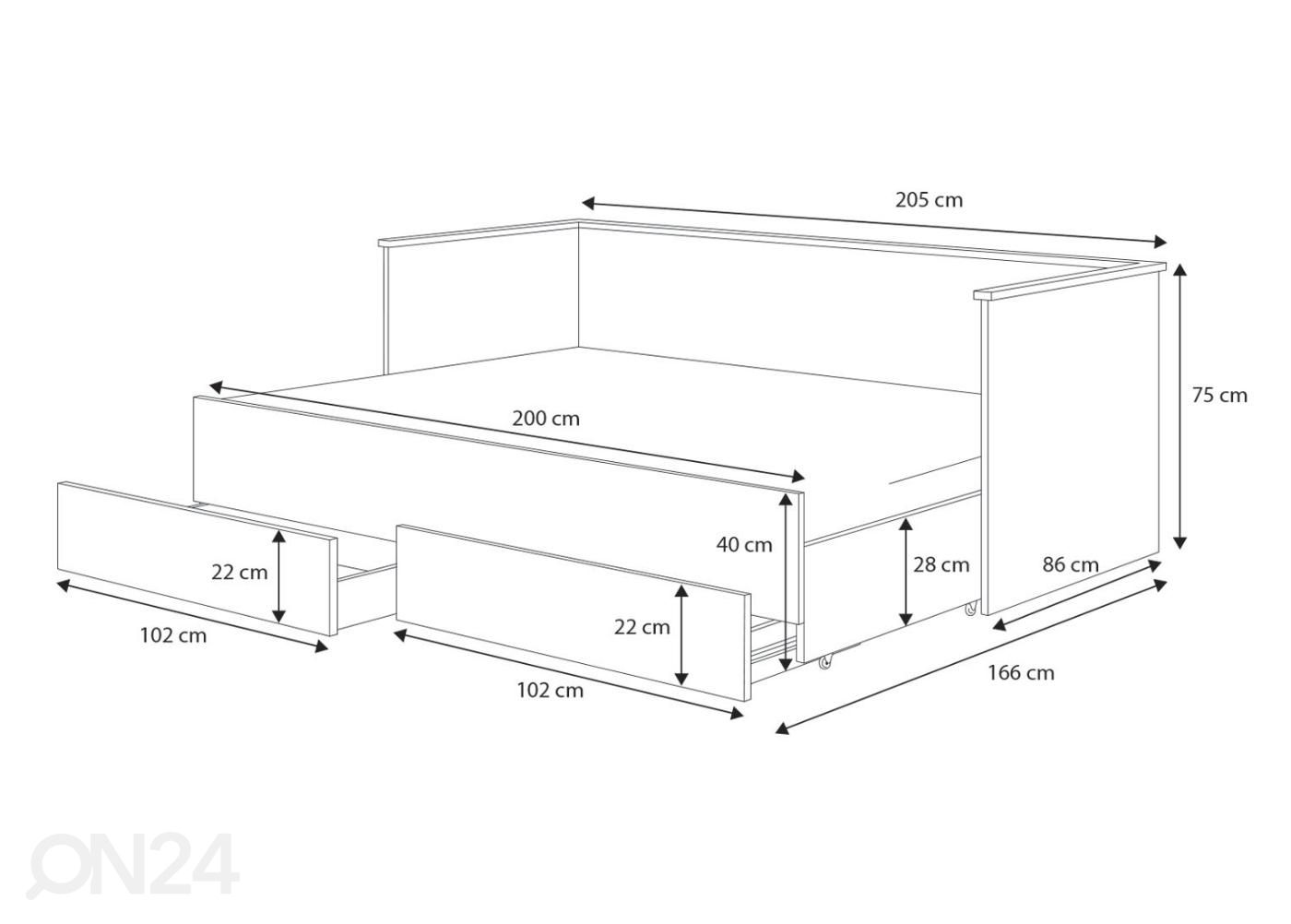 Lastevoodi Heme 80/160x200 cm suurendatud mõõdud