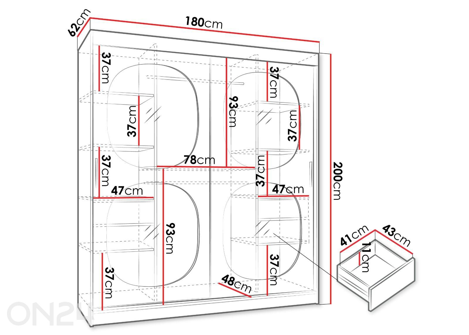 Lükandustega riidekapp Bahrajn 180 cm + LED suurendatud mõõdud