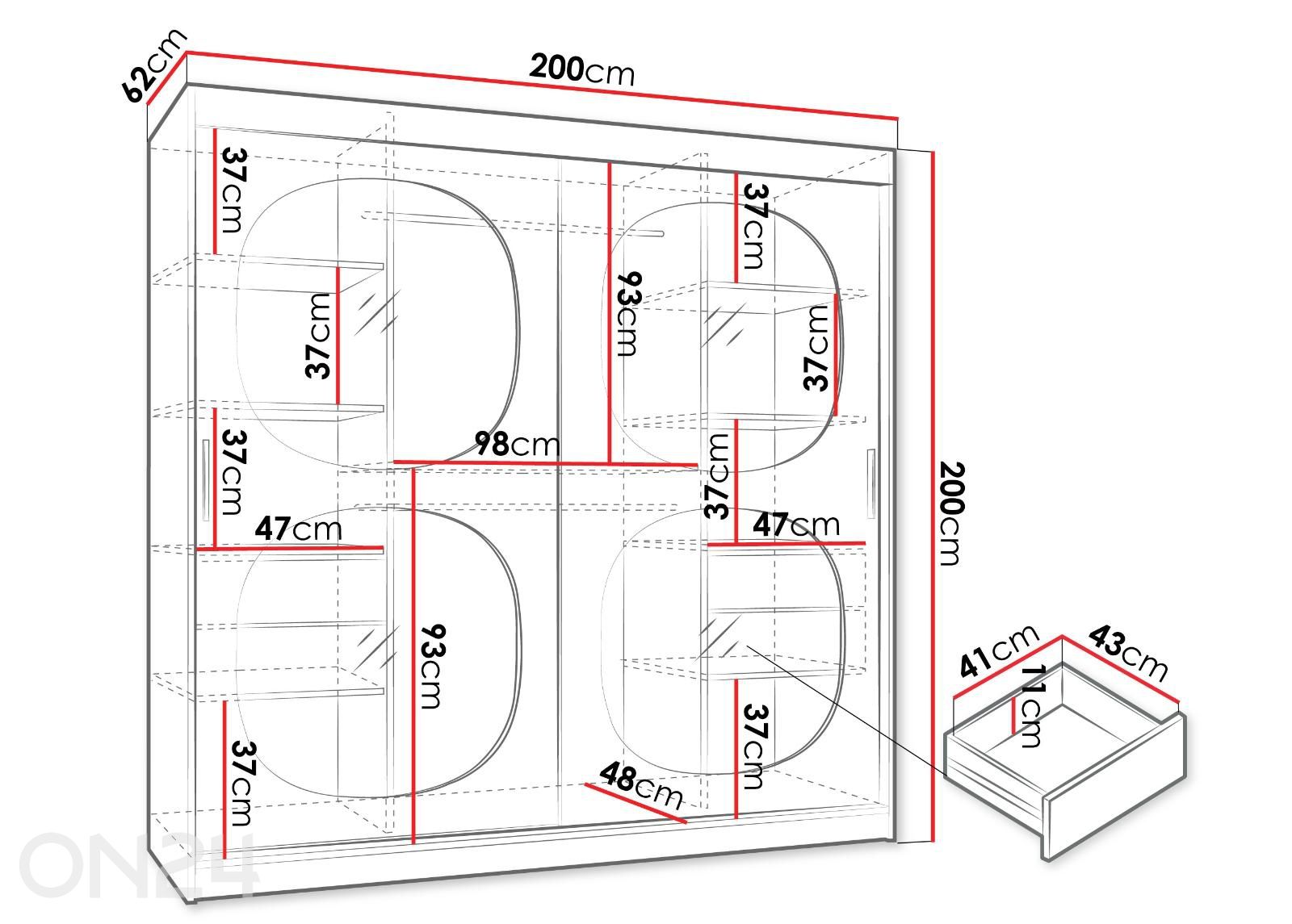 Lükandustega riidekapp Bahrajn 200 cm + LED suurendatud mõõdud
