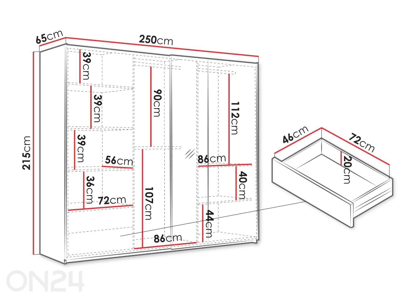 Lükandustega riidekapp Evora 250 cm suurendatud mõõdud