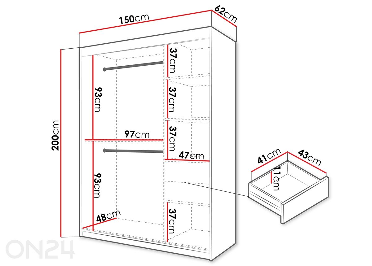 Lükandustega riidekapp Flutes 150 cm suurendatud mõõdud