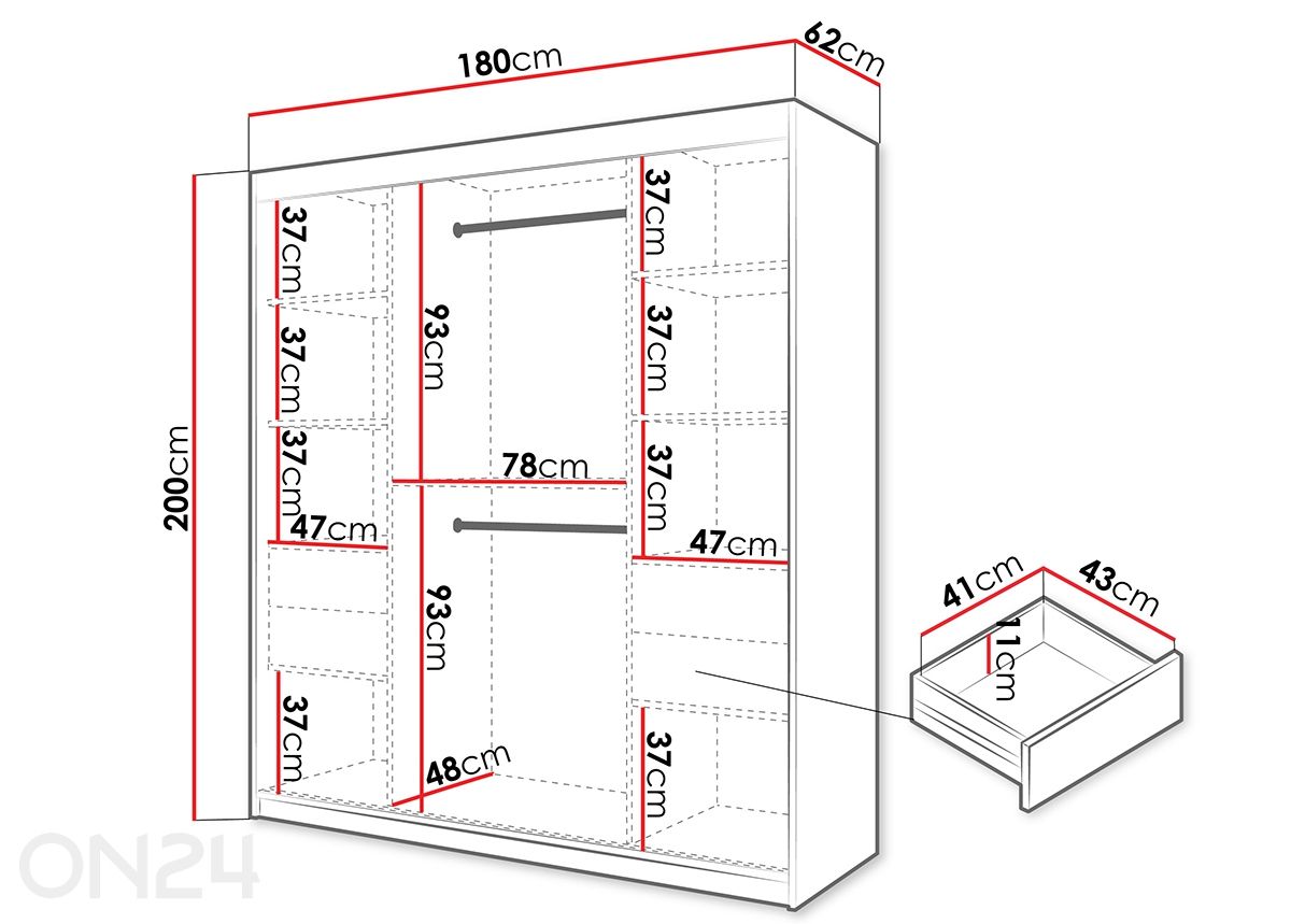 Lükandustega riidekapp Flutes 180 cm suurendatud mõõdud