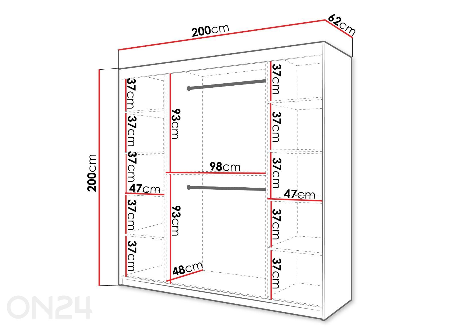 Lükandustega riidekapp Flutes 200 cm suurendatud mõõdud