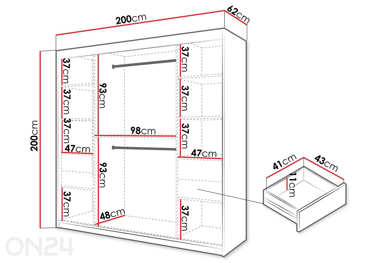 Lükandustega riidekapp Flutes 200 cm + LED suurendatud mõõdud