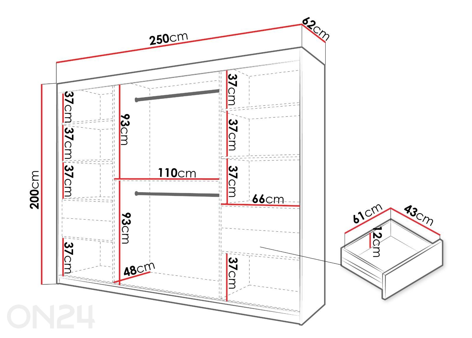 Lükandustega riidekapp Flutes 250 cm suurendatud mõõdud