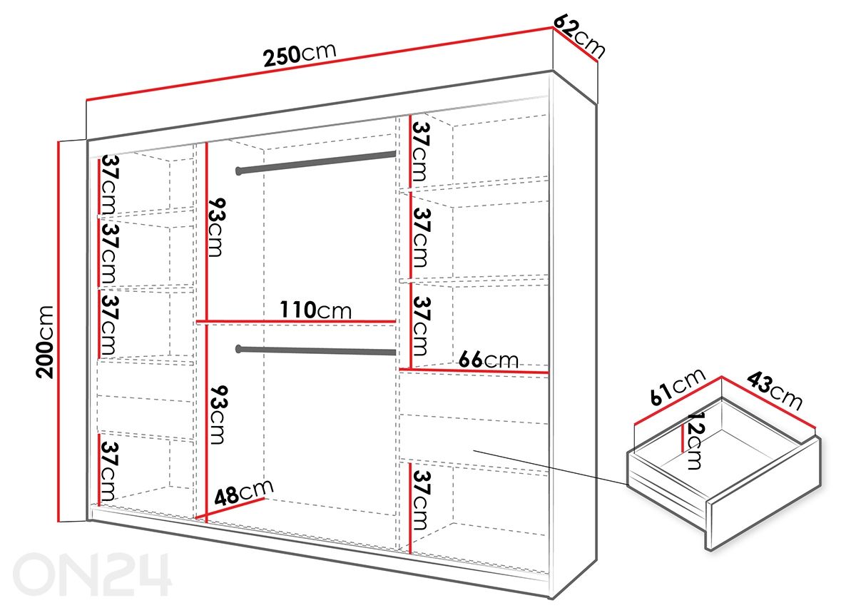 Lükandustega riidekapp Flutes 250 cm + LED suurendatud mõõdud