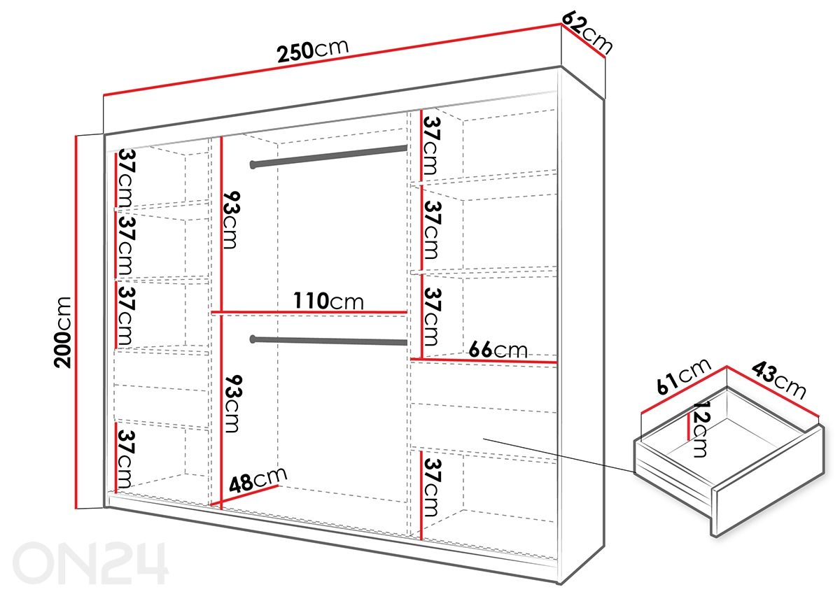 Lükandustega riidekapp Flutes 250 cm + LED suurendatud mõõdud