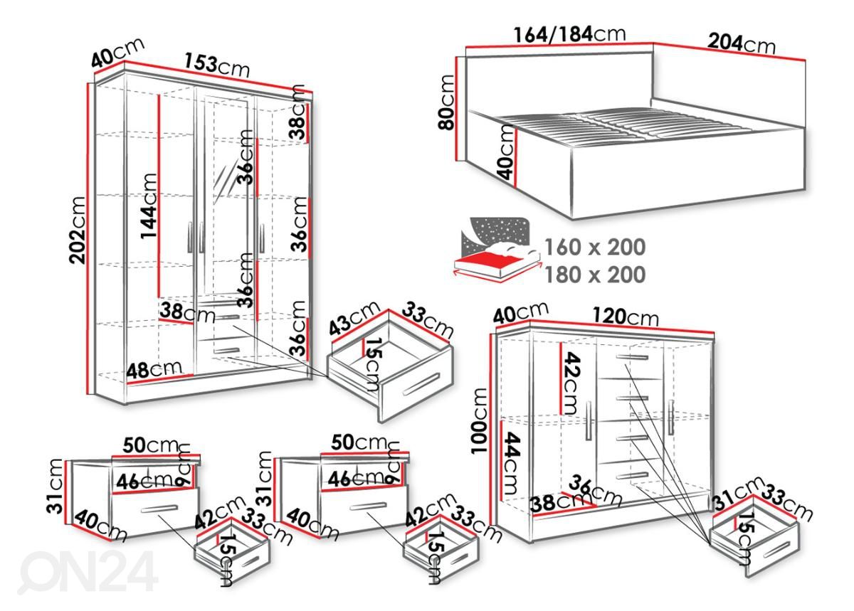 Magamistoakomplekt Tokyo 160x200 cm suurendatud mõõdud