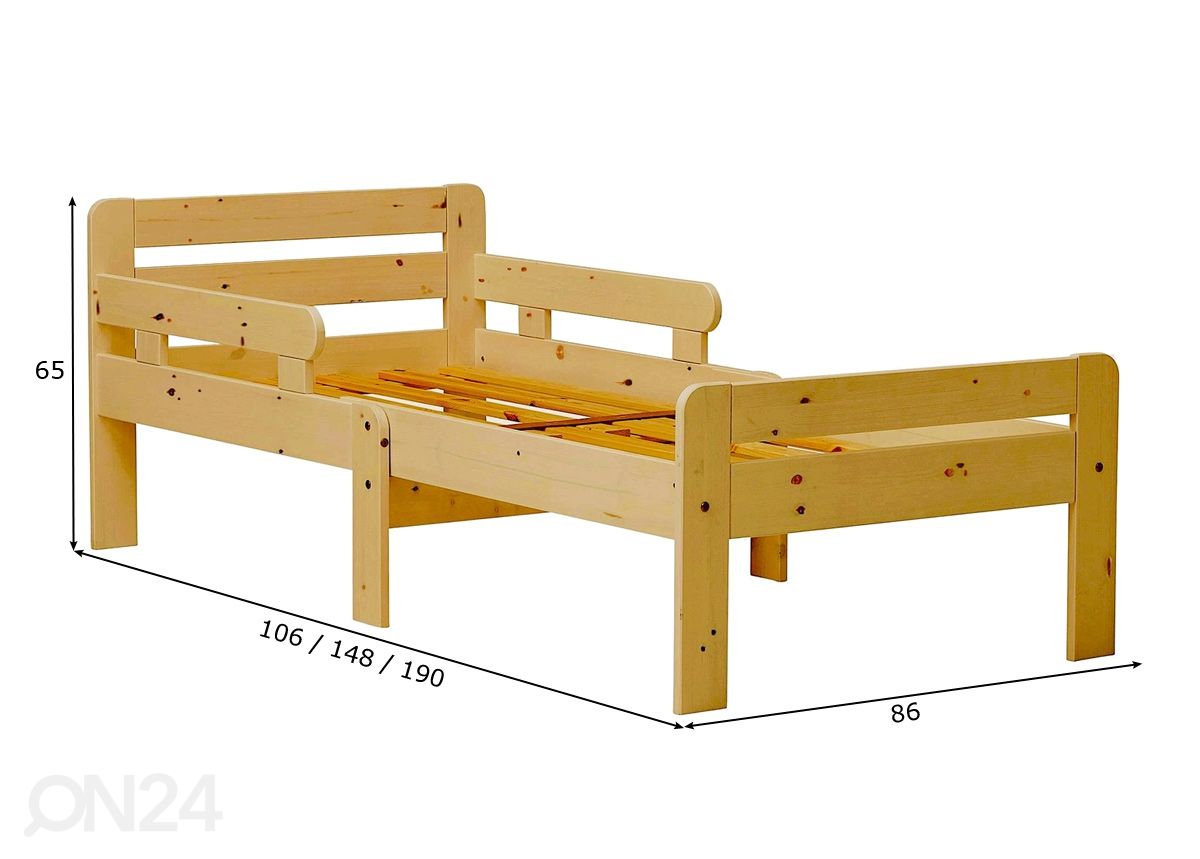 Männipuidust pikendatav lastevoodi Tiina 75x100+42+42 cm suurendatud mõõdud