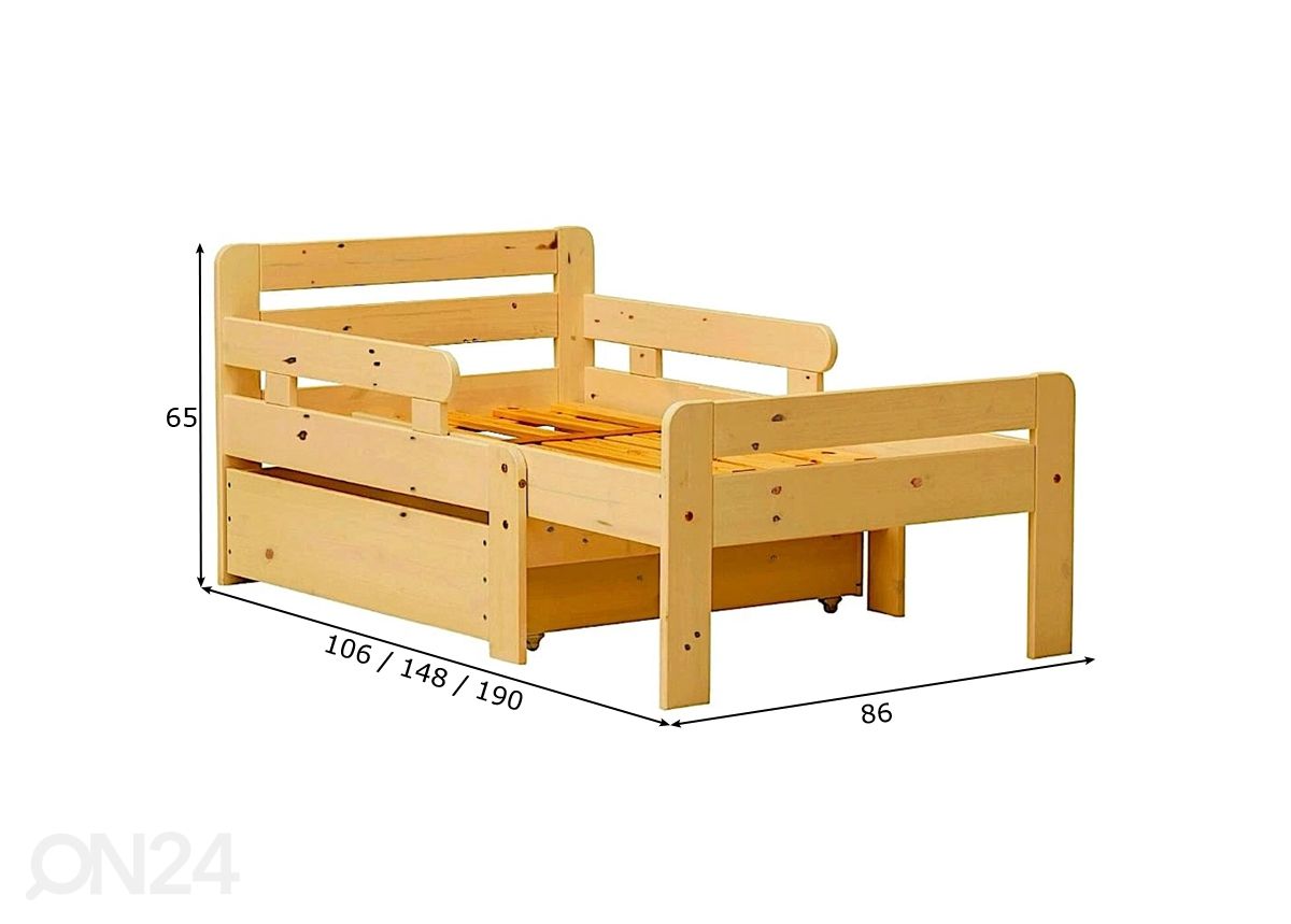 Männipuidust pikendatav lastevoodi Tiina 75x100+42+42 cm + voodikast suurendatud mõõdud