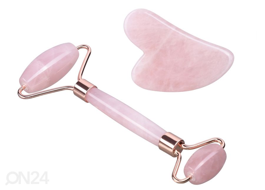 Massaažirullik + Gua Sha massaažikivi Roosa kvarts suurendatud