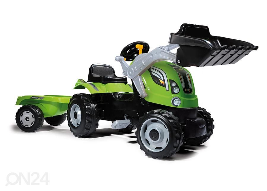 Pealeistutav pedaalidega lastetraktor Farmer MAX järelkäru ja kopaga Smoby suurendatud