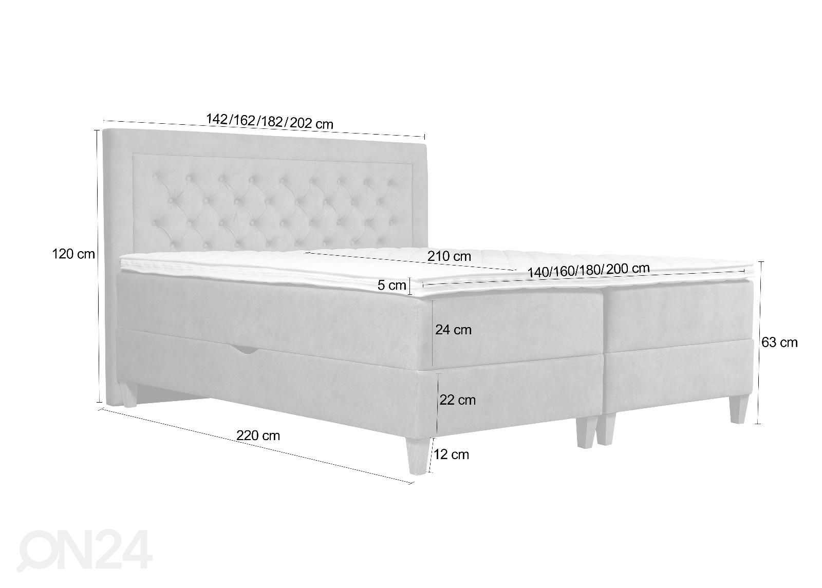 Pesukastiga kontinentaalvoodi Marleen 200x210cm suurendatud mõõdud