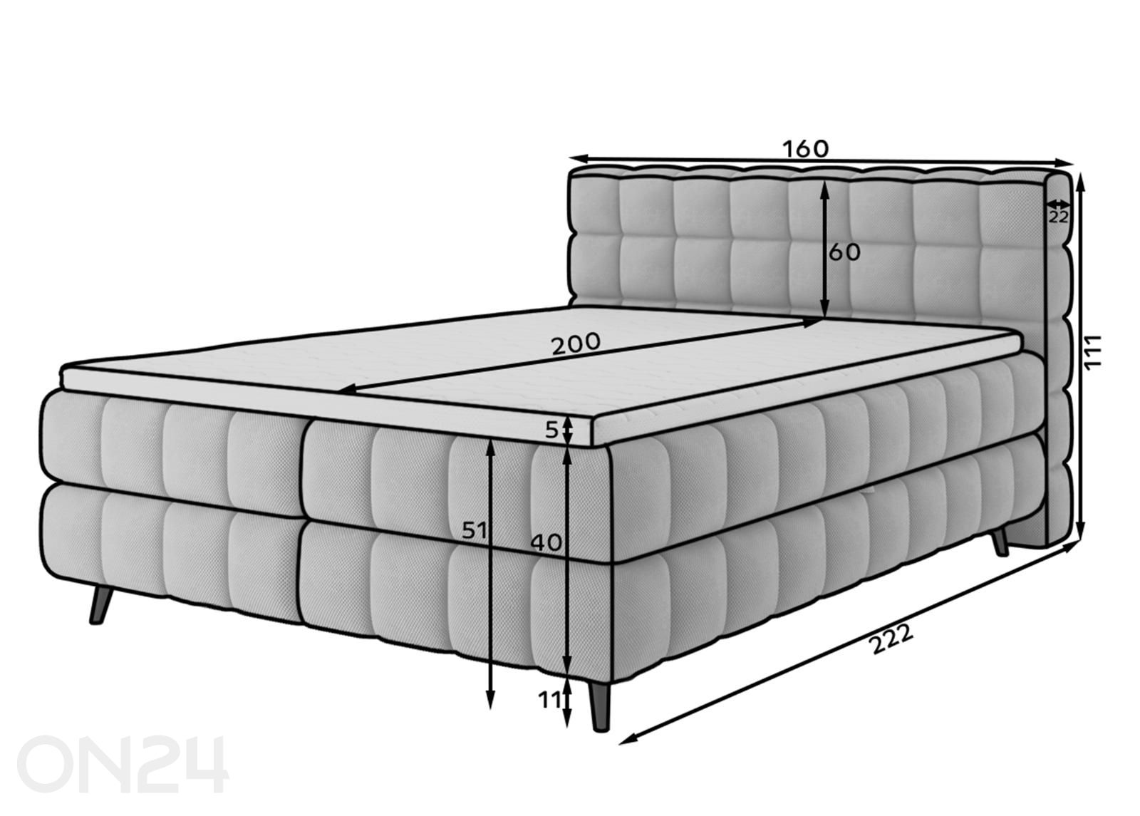 Pesukastiga kontinentaalvoodi Sabeno 160x200 cm suurendatud mõõdud