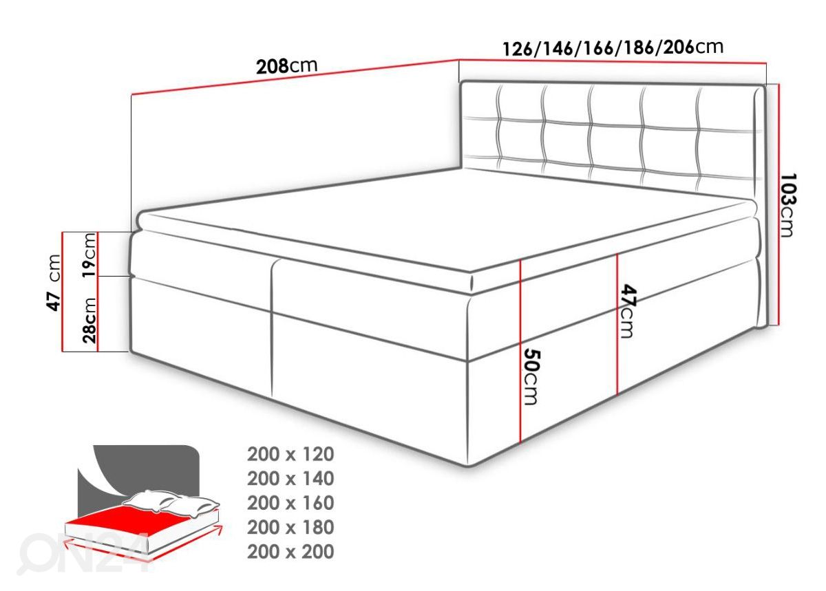 Pesukastiga kontinentaalvoodi Texas 200x200 cm suurendatud mõõdud