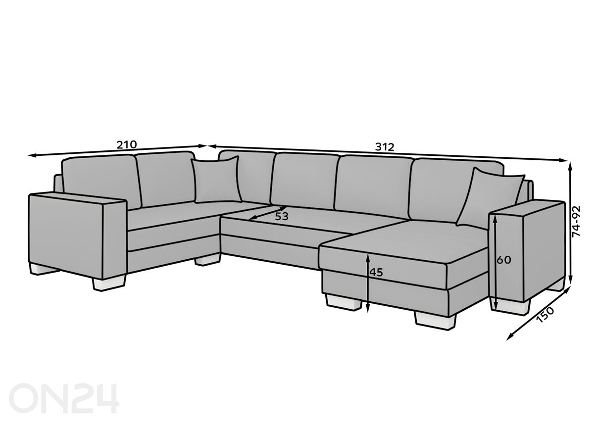 Pesukastiga nurgadiivanvoodi suurendatud mõõdud