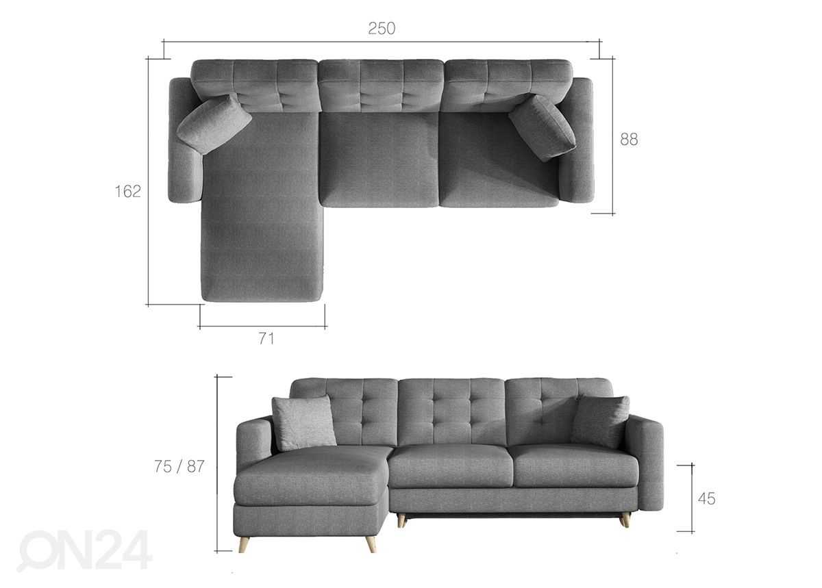 Pesukastiga nurgadiivanvoodi suurendatud mõõdud