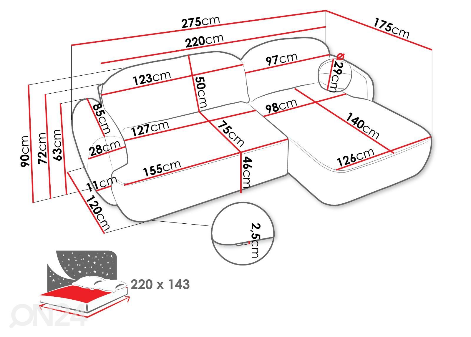 Pesukastiga nurgadiivanvoodi suurendatud mõõdud