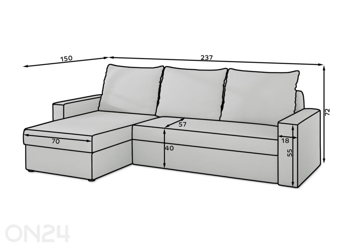 Pesukastiga nurgadiivanvoodi suurendatud mõõdud