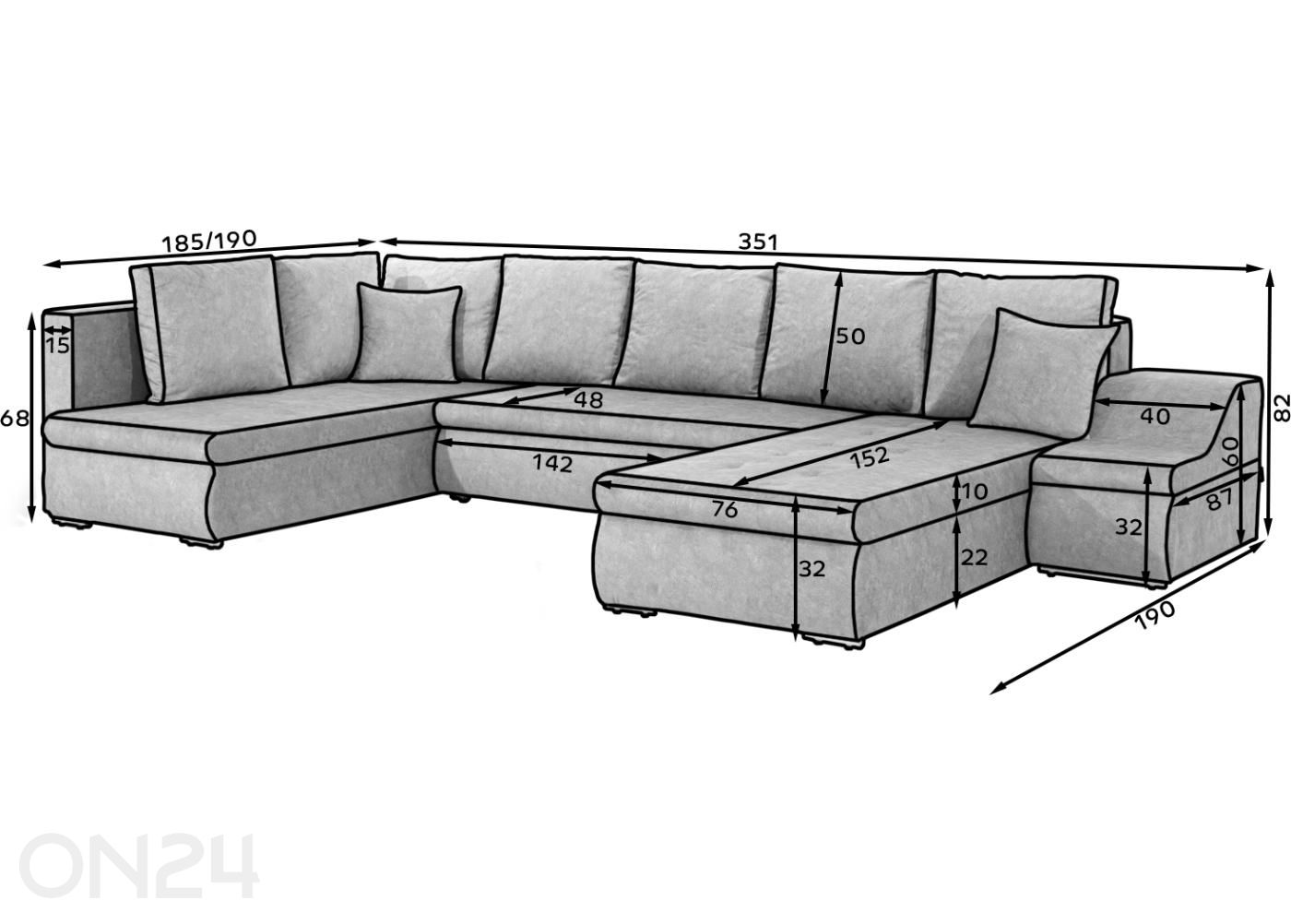 Pesukastiga nurgadiivanvoodi Giovanni suurendatud mõõdud