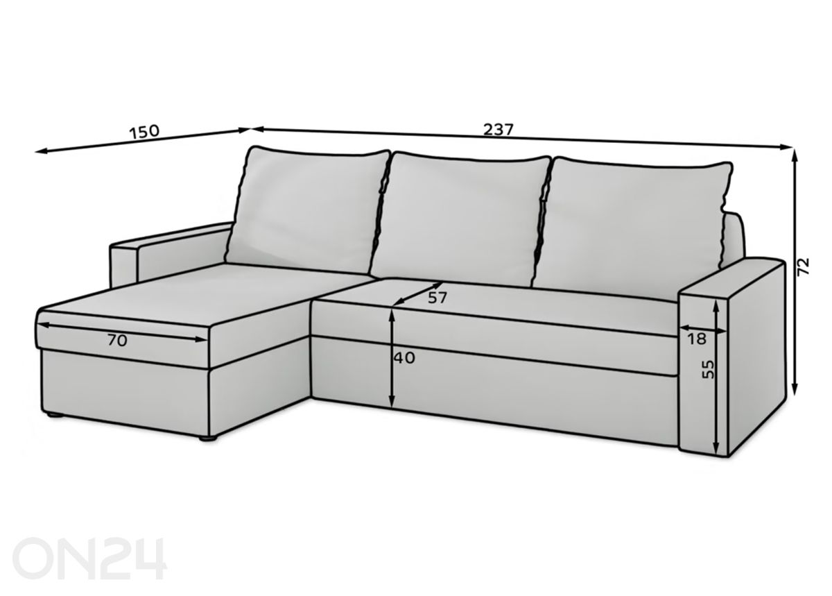 Pesukastiga nurgadiivanvoodi Livonia suurendatud mõõdud