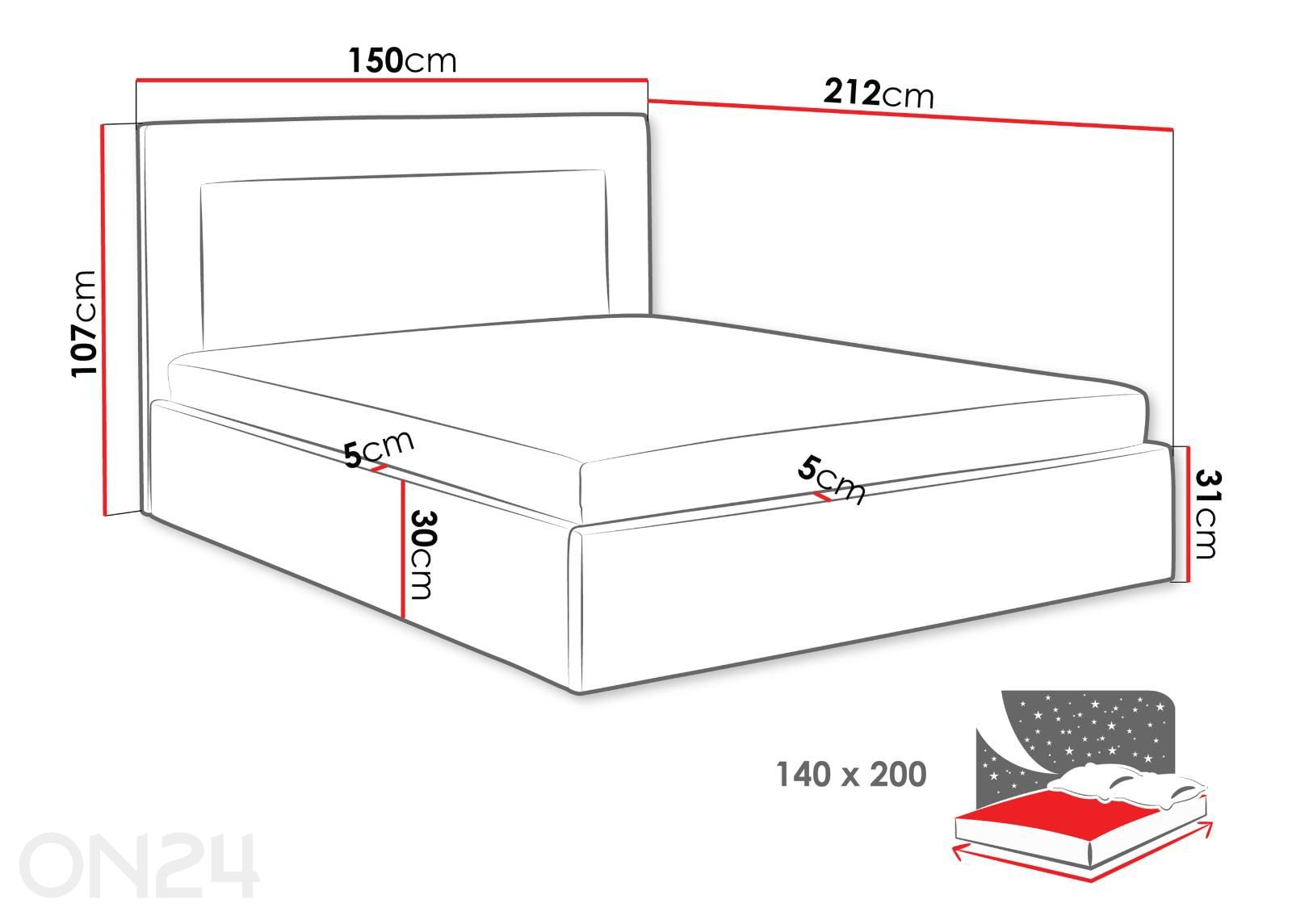 Pesukastiga voodi Thre 140x200 cm suurendatud mõõdud