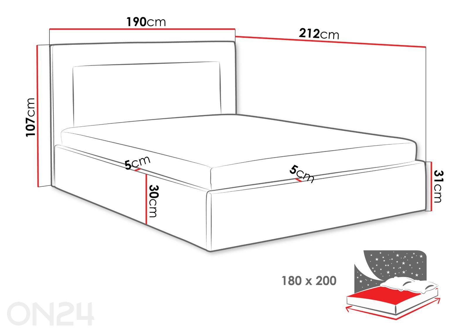 Pesukastiga voodi Thre 180x200 cm suurendatud mõõdud