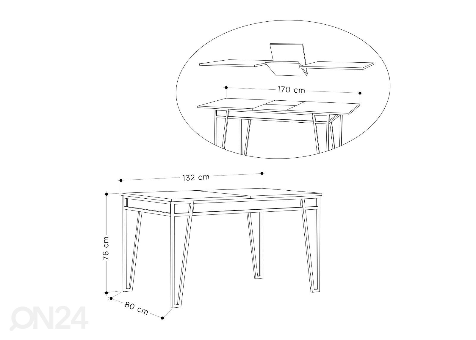 Pikendatav söögilaud 132/170x80 cm suurendatud mõõdud