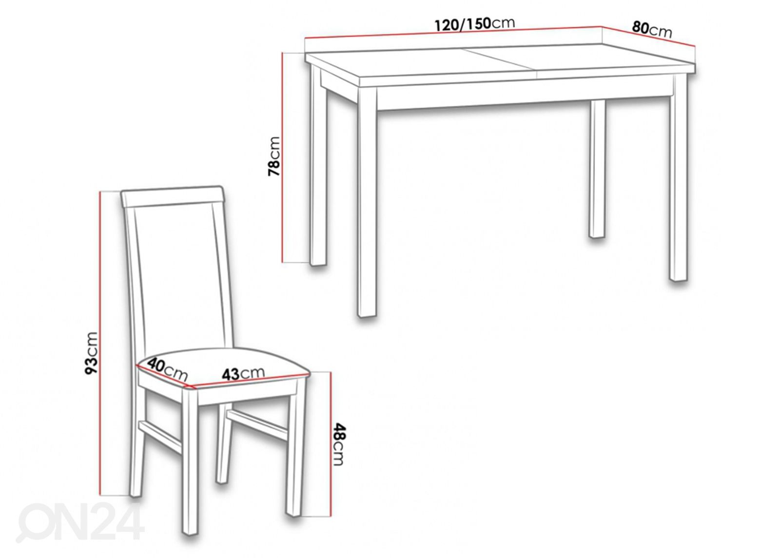 Pikendatav söögilaud 80x120-150 cm + 6 tooli suurendatud mõõdud